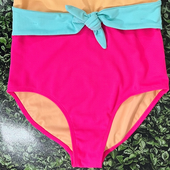 Wonder Nation ColorBlock Tie Waist One Piece Swimsuit 10/12 Plus Pink Orange - Picture 3 of 11